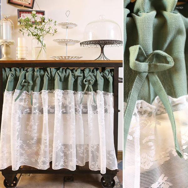 Cortina de estilo rural americano, tela medio verde e hilo de encaje blanco, corta para puerta de armario de cocina, dormitorio, decoración del hogar