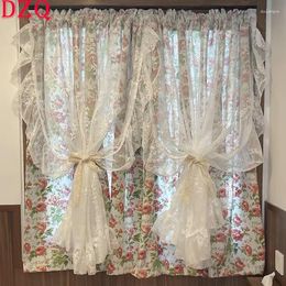 Rideau américain idyllique Double couche à volants côté dentelle fleurs Tulle rideaux salon coton lin rouge Rose cuisine # A339