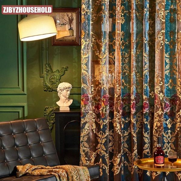 Cortina Cortinas de gasa de lujo estadounidense para sala de estar dormitorio retro jacquard hueco bordado translúcido terminado