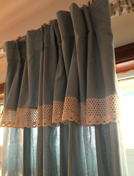 Cortina American Rural Semi-blackout Cortinas azules con cenefa de encaje de ganchillo Cortinas de ventana de tela de lino de algodón para sala de estar Dormitorio