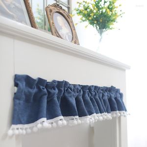 Gordijn American Style Blue Half Curtains Pom Ball Tube Coffee Short for Bar Kitchen Cabinet Door Drapes Valance