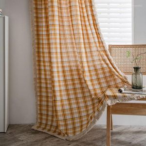 Gordijn American Style katoenen linnen geruite gordijnen slaapkamer met kwastje semi-schadende keukenvalance gordijnen voor woonkamer