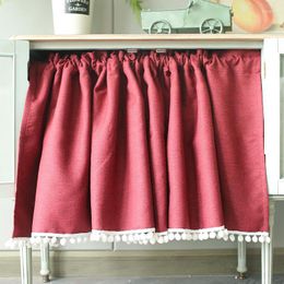 Cortina de estilo americano, media cortina de color rojo vino sólido, tubo de tul de café, dobladillo de bola corta para decoración de armario de cocina y Bar