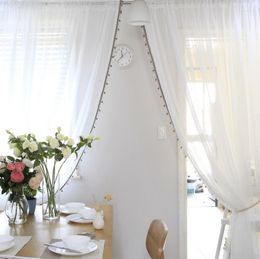Gordijn American Style Tule Mordern Curtains for Living Room Soft White Voile Gold Strip with kralen Slaapkamer 1 stks