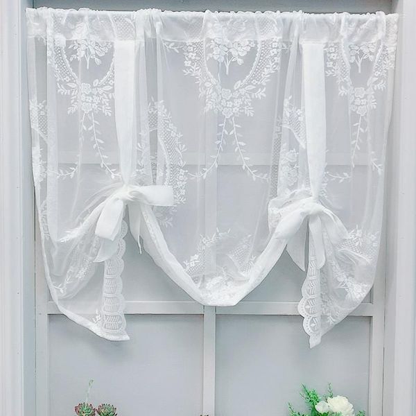 Cortina americana blanca Floral romana, tul corto, lazo de elevación, globo de encaje, cortinas transparentes para decoración de partición de puerta de vidrio de cocina