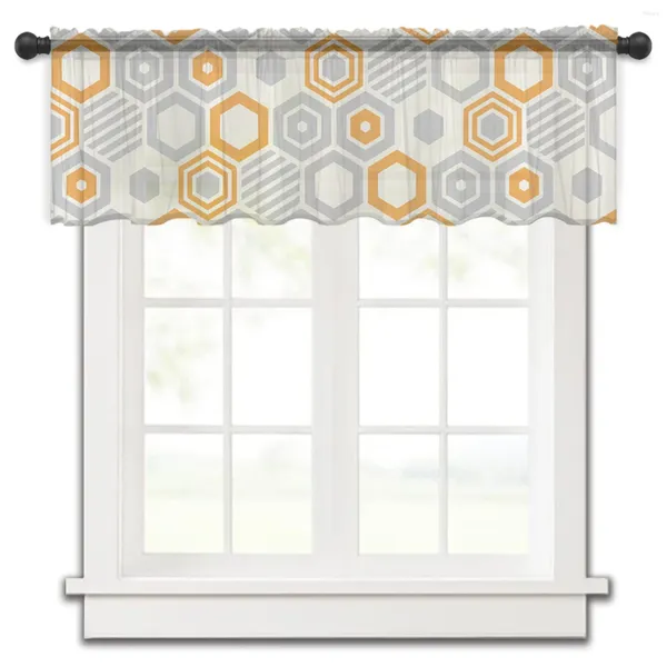 Cortina arte hexágono geometría naranja gris ventana pequeña tul transparente corto dormitorio sala de estar decoración del hogar cortinas de gasa