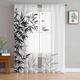 Cortina de hojas de bambú, cortinas transparentes de tul blanco y negro para sala de estar, decoración de cocina de lujo, gasa de Organza para dormitorio