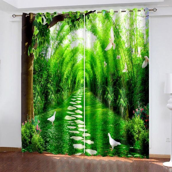 Rideau Belle Po Mode Personnalisé 3D Rideaux Vert Bambou Impression Blockout Polyester Rideaux Tissu