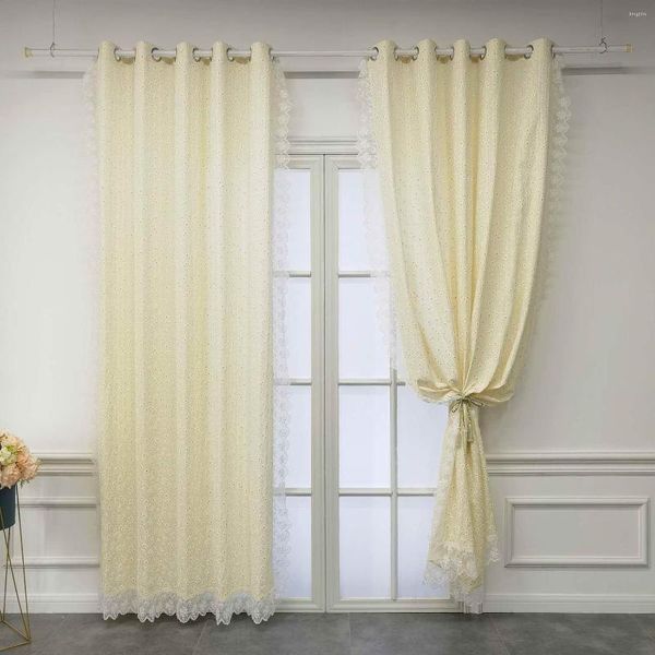 Cortina Beige estilo Margarita borde de encaje Cortinas de lujo para sala de estar dormitorio ventana Cortinas florales decoración del hogar Cortinas personalizadas