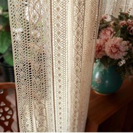 Rideau Beige Rétro Crochet Creux Coton Lin Tissu Transparent Fenêtre Écran Fini Tulle Pour Salon
