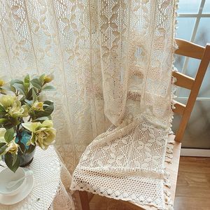 Rideau Beige rétro Vintage coton feuilles creuses Crochet chambre rideaux avec glands latéraux Voile Tulle pour salon drapé #4