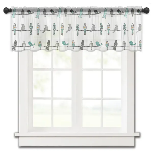 Cortina de gasa a cuadros con diseño de pájaro, flores, color verde azulado y gris, para dormitorio, ventana corta, cortinas de gasa para cocina, decoración del hogar, cortinas pequeñas de tul