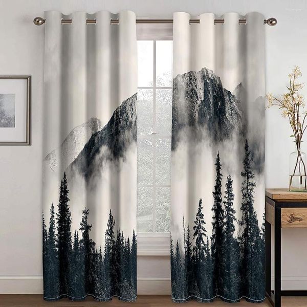 Rideau noir et blanc forêt paysage nuages Natura feuille mince fenêtres rideaux pour salon chambre décor 2 pièces
