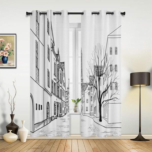 Cortina blanco y negro arte minimalista París calle carretera ventana en la cocina cortinas para sala de estar decoración del hogar