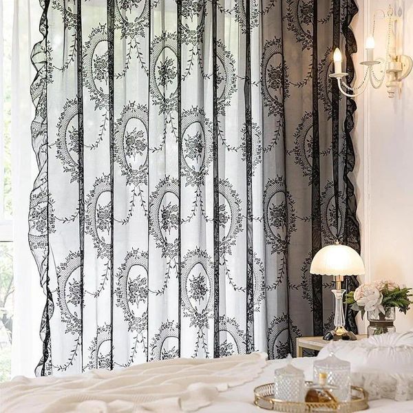 Rideau en dentelle noire transparente fleur en tulle rideaux pour la chambre romantique baie romantique française 1 poche de tige de panneau