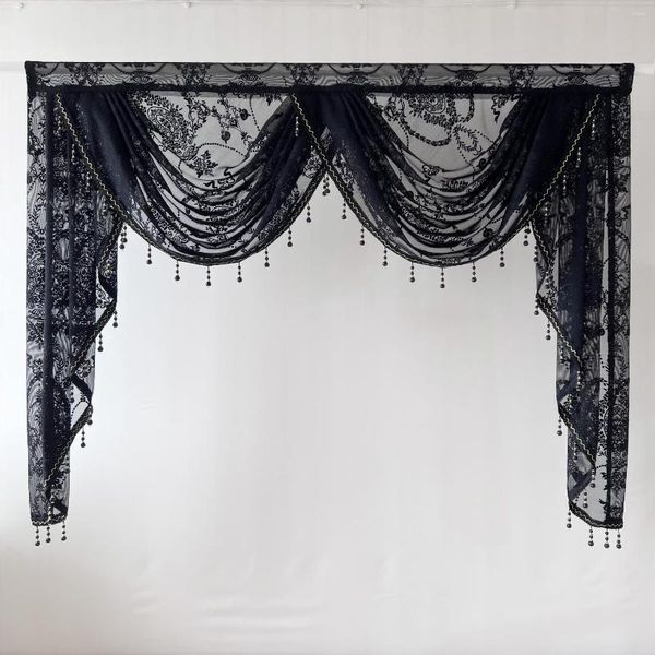 Rideau noir lin Jacquard Floral cantonnière tête de niveau pour salon dentelle perlée Swag bordeaux fenêtre panneau draperie décor