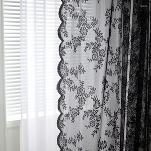 Cortina de tul negro con encaje Floral transparente para sala de estar, moderna, romántica, delicada, tejida, bordada, para ventana de cocina, tratamiento de lujo