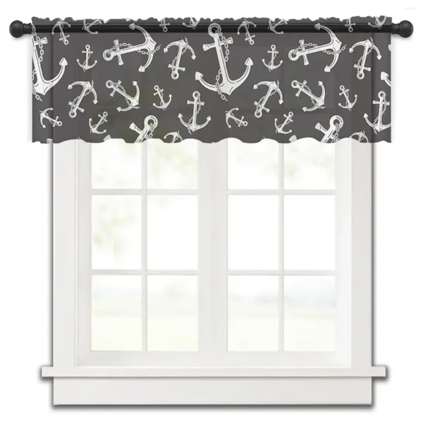 Cortina con cadena de ancla en blanco y negro, diferentes tamaños, ventana pequeña, tul transparente, corta, para sala de estar, decoración del hogar, cortinas de gasa