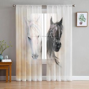 Gordijn zwart wit paarden waterverf schilderen tule pure gordijnen voor woonkamer decoratie slaapkamer keuken voile raam