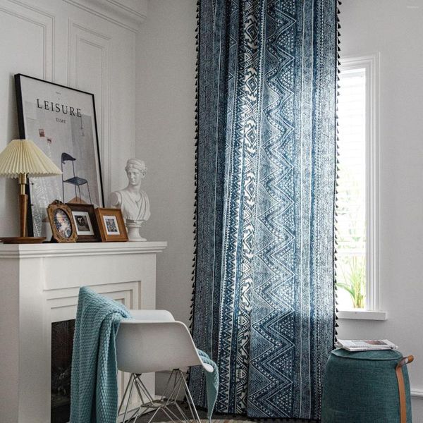 Cortinas opacas de estilo bohemio, estampado geométrico azul para dormitorio, cortinas terminadas en sala de estar, decoración de tienda del hogar