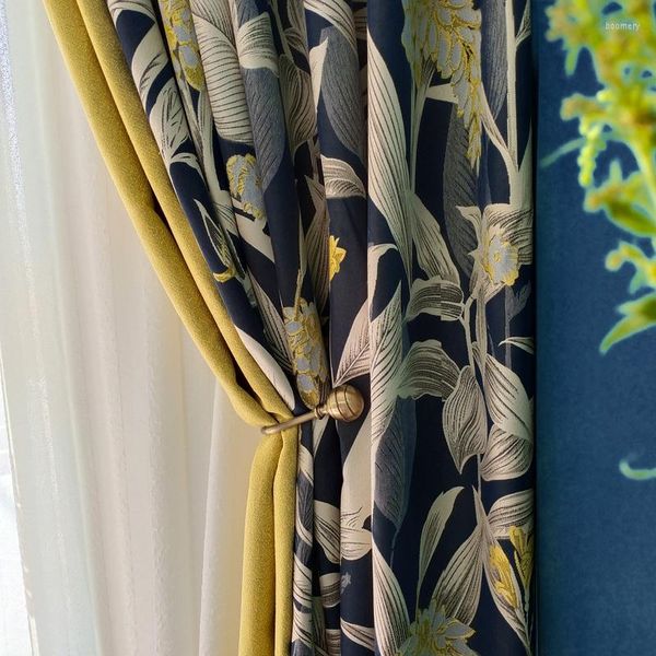 Rideau Blackout Jacquard Tissu Rideaux Pour Salon Chambre Décor Feuilles Motif Bleu Foncé Couleur Avec Jaune Bord Fenêtre