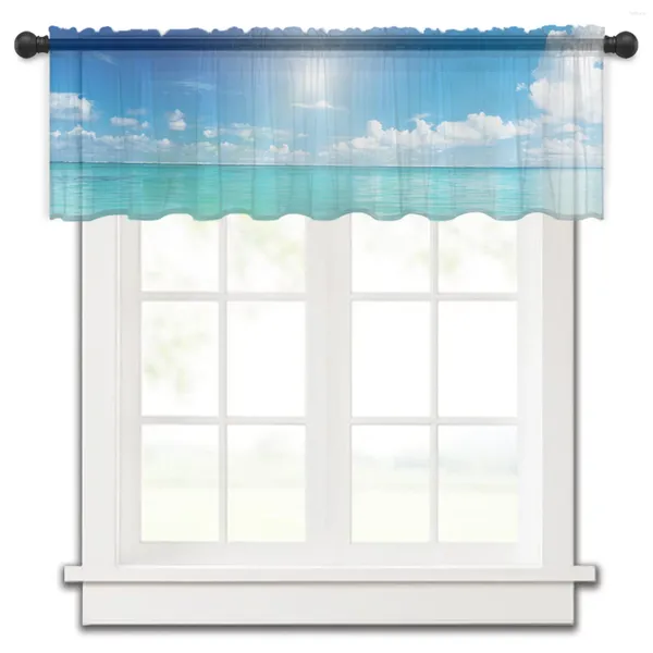 Cortina azul playa sol mar cielo ventana pequeña tul transparente corto dormitorio sala de estar decoración del hogar cortinas de gasa