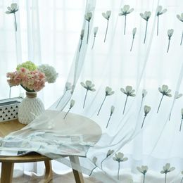 Rideau bleu fleur brodé transparent pour salon chambre Style campagnard délicat Organza maille tissu gaze Wp435C