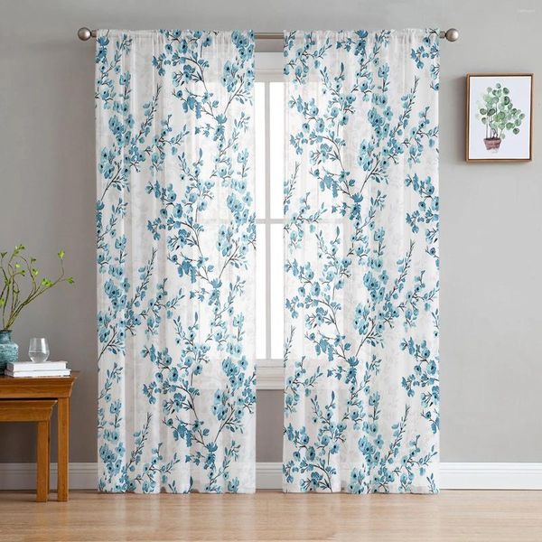 Rideau bleu feuilles rideaux transparents pour le salon décoration de fenêtre cuisine en tulle voile organza