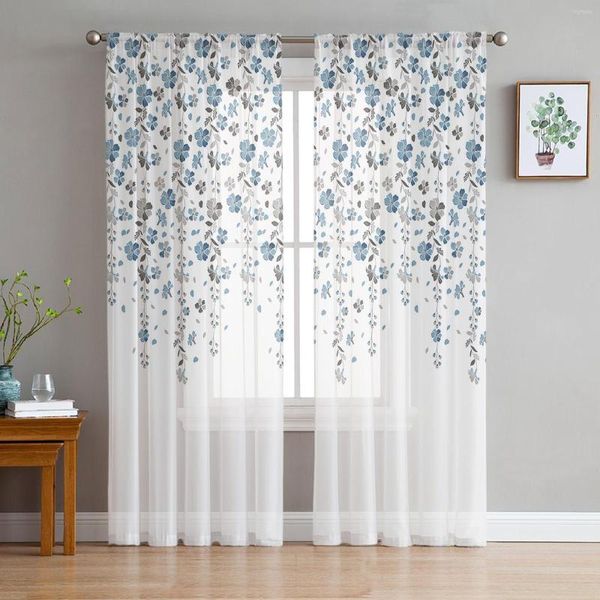 Cortina azul gris flor fondo blanco cortinas transparentes para sala de estar impreso tul ventana lujo hogar balcón decoración cortinas