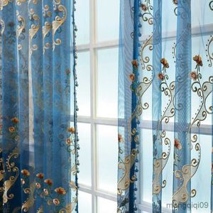 Gordijnblauw luxe borduurwerk tule gordijnen voor woonkamer slaapkamer raam goud bloemen gordijn pure eiland r230815