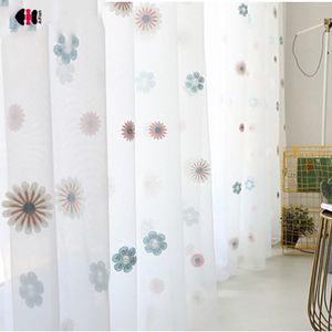 Rideaux transparents bleus pour salon, broderie florale, Voile rustique, pour porte coulissante en verre et fenêtre