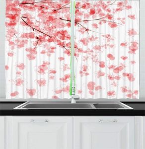 Cortina Blush Coral oscuro y blanco Floral cortinas de cocina Pastel diseño botánico japonés flores de cerezo ramas pétalos para Kitch