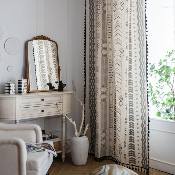 Rideau Style bohémien coton lin imprimé ruban gland porte de cuisine en désordre géométrique Tube porter fenêtre tissu