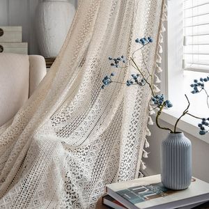 Rideau Boho Chic Crochet Géométrie Tricoté Fenêtre Rideaux Ferme Rétro Beige Drapé Simi Sheer Rideau pour Chambre Salon TJ7036 230414