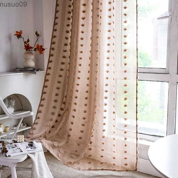 Rideaux Boho semi-transparents, pompons touffetés, ferme, texturés, brodés, avec passe-tringle, pour fenêtre, décoration de chambre à coucher, de salon