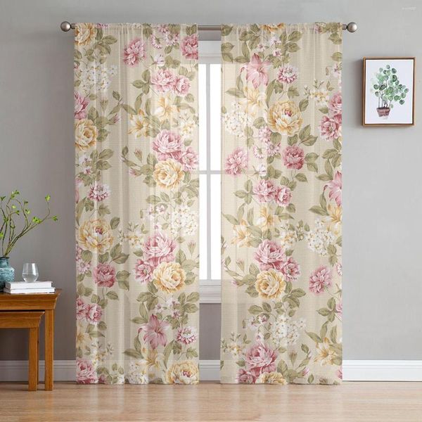 Cortina ramo flores rosas amarillo rosa ventana cortinas para sala cocina puerta dormitorio transparente