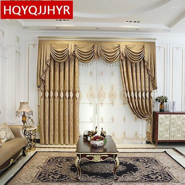Cortina marrón Europa Cortinas de apagón bordadas de lujo para sala de estar Decorativa de alta calidad