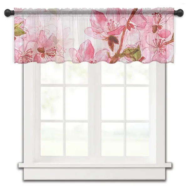 Rideau de porte en bois marron, Pot vert, fleurs rouges, petite fenêtre, Tulle transparent, court, chambre à coucher, salon, décoration de maison, rideaux en Voile