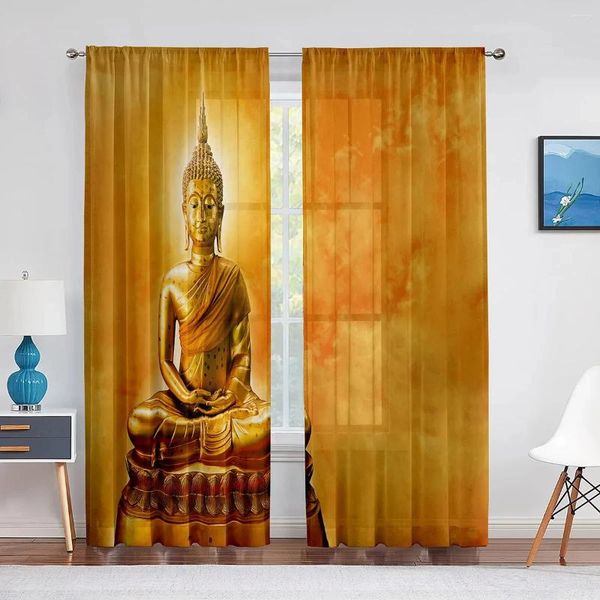 Cortina Estatua de Buda Budista Luz dorada pura para sala de estar ventana de cocina Decoración de dormitorios Tulle Voile