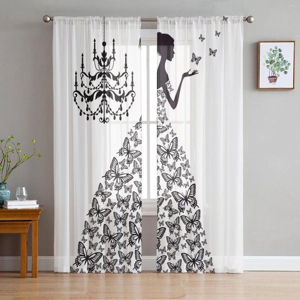 Cortina mariposa vestidos niña candelabro blanco y negro tul cortinas transparentes para sala de estar dormitorio decoración gasa Organza