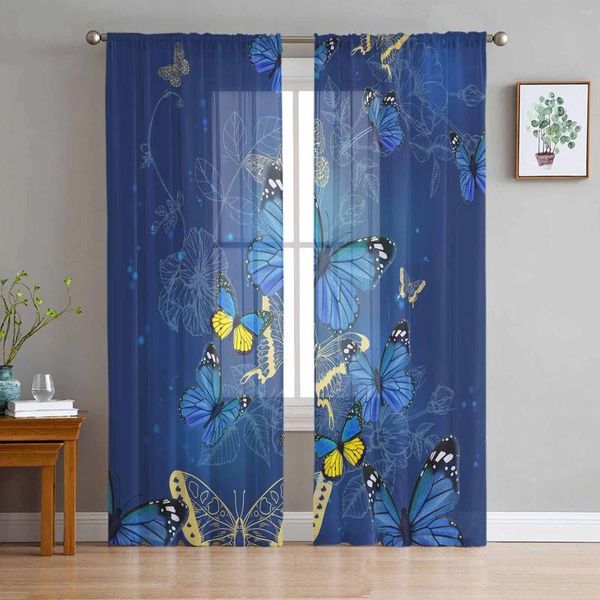 Cortina mariposa flor azul cortinas de tul de tul para sala de estar cenefa cocina dormitorio ventana voile draper