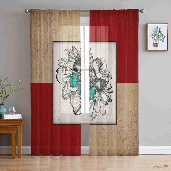 Cortina Flor de mariposa paredes retro Cortinas de ventana transparente para cortinas de dormitorio Decoración del hogar Cortinas para sala de estar Cortinas de gasa R230816