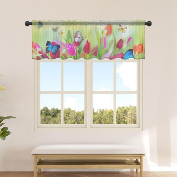 Cortina mariposa tulipán hoja flor tul corto cocina pequeña sala de estar transparente decoración del hogar cortinas de gasa
