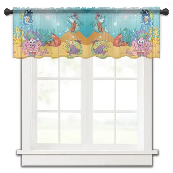 Cortina de dibujos animados de animales marinos, cortinas cortas transparentes de tul para ventana, cortinas para cocina, dormitorio, decoración del hogar, cortinas pequeñas de gasa