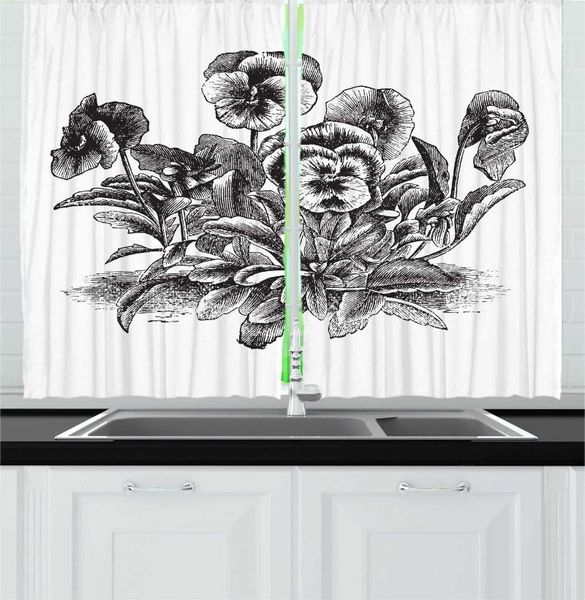 Rideau charbon gris blanc vintage botanique rideaux de cuisine monochrome coeur complexe à fleurs de gravure à imprimé fenêtre