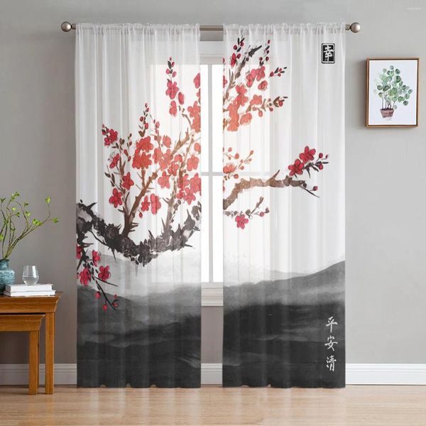 Rideau cerise fleur de fleur peinture de fleurs de style chinois rideaux transparents pour la fenêtre de salon cuisine tulle voile