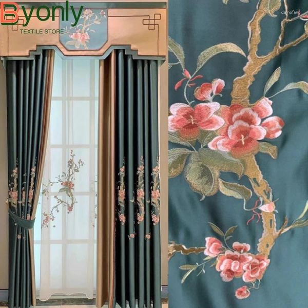 Cortina Pantalla de ventana bordada de color verde oscuro chino con cortinas de blanqueo de empalme brillantes para la sala de estar piso a techo