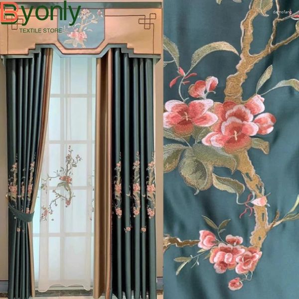 Rideau chinois Green foncé, écran de fenêtre brodé avec des rideaux d'occasion épissés brillants pour le salon de la chambre au plafond