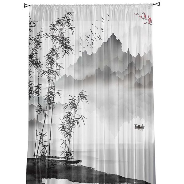 Rideau à l'encre de Chine, peinture de paysage, voile de bambou, tulle, rideaux transparents pour chambre à coucher, salon, cuisine, décoration en mousseline de soie pour fenêtres