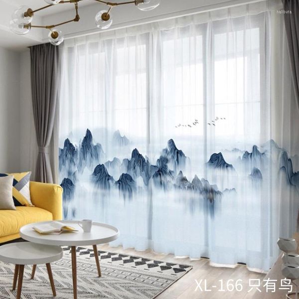 Cortina con pintura de paisaje chino, cortinas transparentes de tul para ventana para sala de estar, cortinas de tela de Organza de hilo de gasa para dormitorio